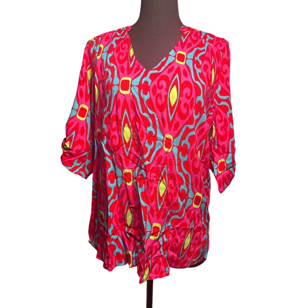 Escapada Womens Small Pink Red Abstract Geometric V-Neck Roll Tab Sleeve Tunic S